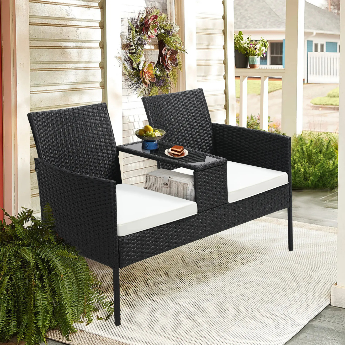 FDW - Juego de 4 Piezas de Muebles de Patio de Mimbre con Silla de ratán, Mesa de Centro para Exteriores, Interiores, jardín, Patio, Porche, terraza, balcón, Cojines de Mimbre Gris/Caqui