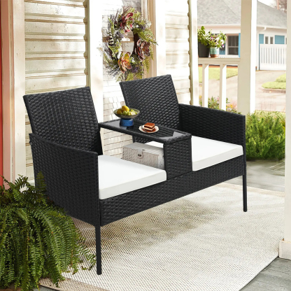 FDW - Juego de 4 Piezas de Muebles de Patio de Mimbre con Silla de ratán, Mesa de Centro para Exteriores, Interiores, jardín, Patio, Porche, terraza, balcón, Cojines de Mimbre Gris/Caqui