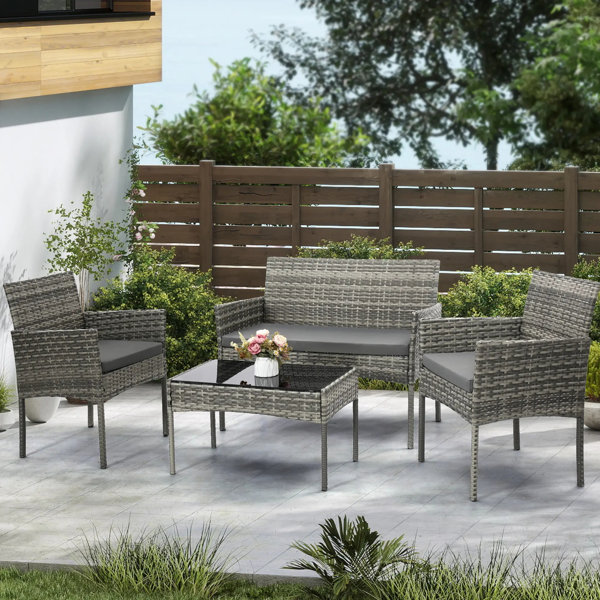 FDW - Juego de 4 Piezas de Muebles de Patio de Mimbre con Silla de ratán, Mesa de Centro para Exteriores, Interiores, jardín, Patio, Porche, terraza, balcón, Cojines de Mimbre Gris/Caqui
