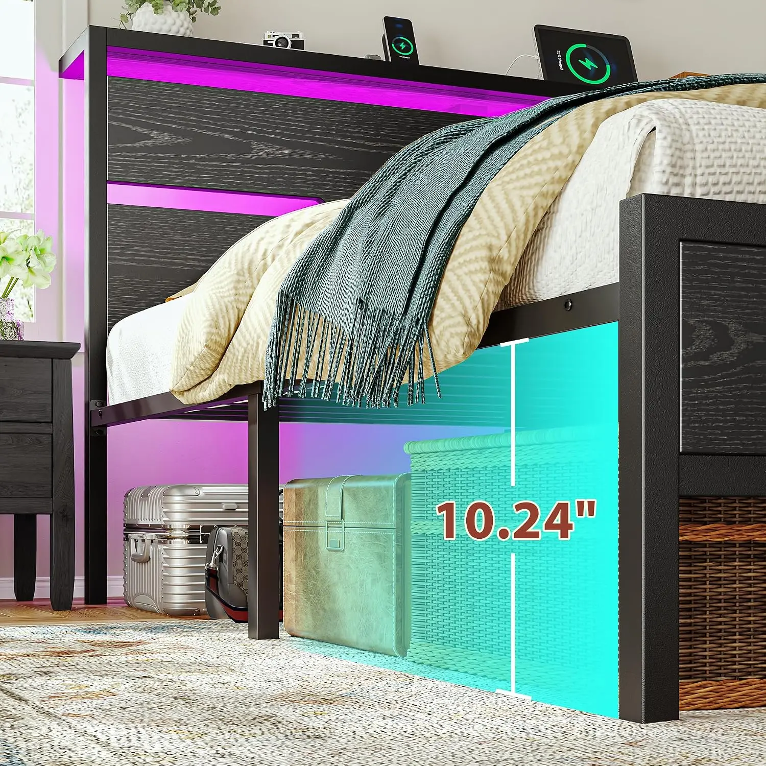 Estructura de cama Raybee con luces LED (tamaños Queen, King y Full), cabecero y estante de almacenamiento; diseño moderno e industrial de madera y metal con estación de carga integrada; silenciosa y resistente (capacidad de 900 libras); incluye somier de
