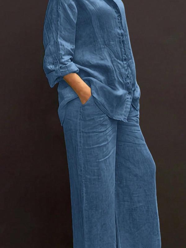 Women's Solid Color Shirt & Wide Leg Pants Set, Casual Fashion Cozy Breathable Two-piece Outfits for Daily Outdoor Wear, Women Clothes for Spring Fall
