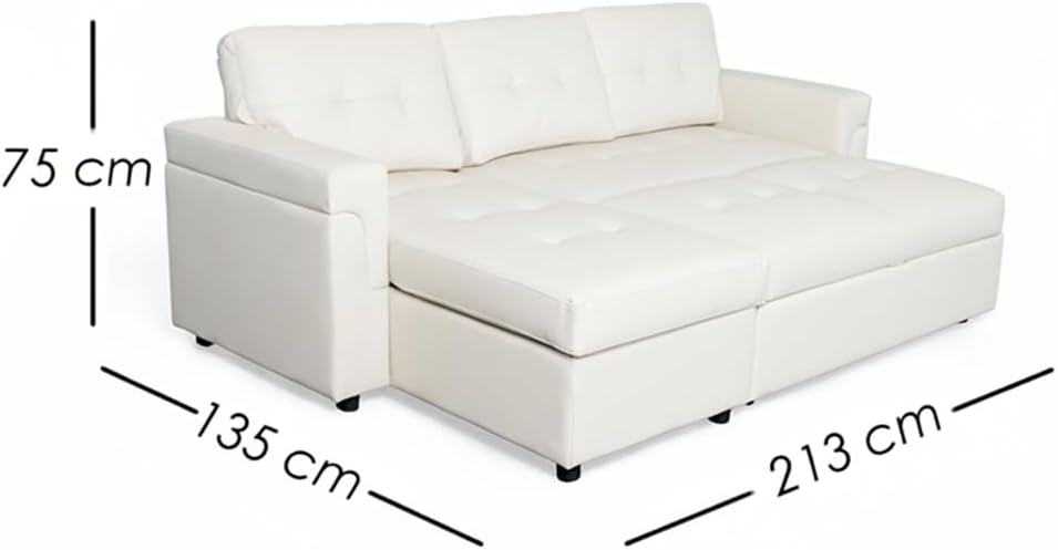 Ilios Innova | Sofá Cama Kairo de Cuero Sintético, Chaise Longue/Cama Extraíble, 3 Plazas, Estructura de Madera, Funcional y Moderno.