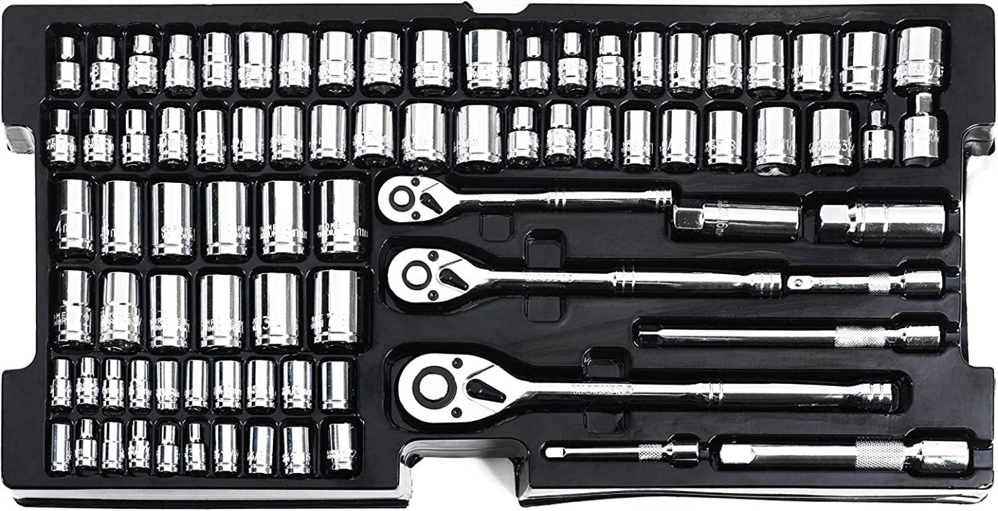 WorkPro - W009044A Juego de herramientas mecánicas de 408 piezas con caja de metal resistente de 3 cajones—llave de copo de nieve