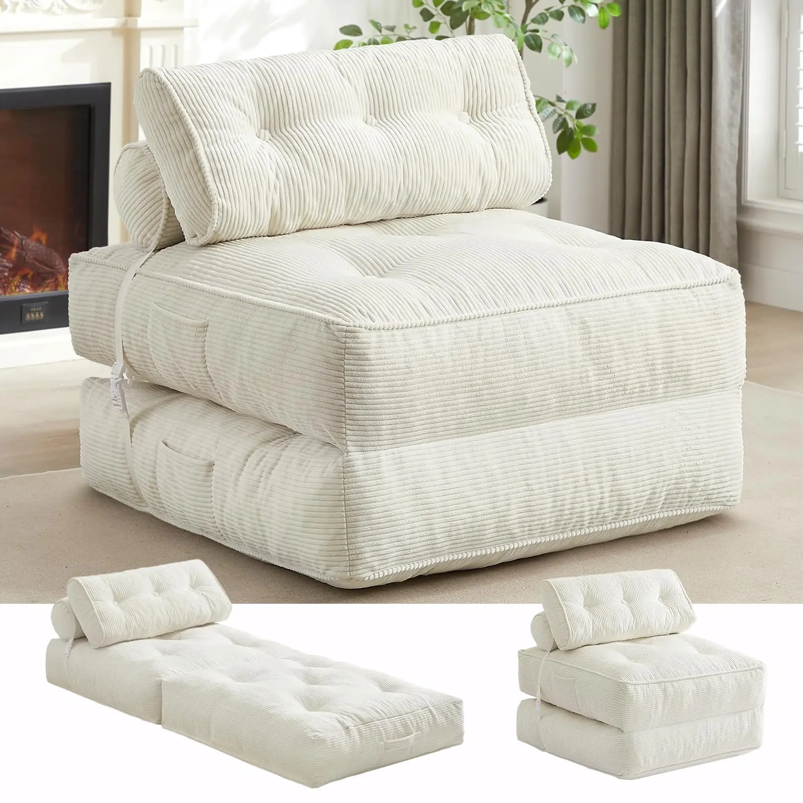 Sofá cama plegable con almohada, sillón convertible con respaldo de apoyo, silla cama plegable portátil de pana, cómodo sofá lounge de suelo para sala de estar — Individual