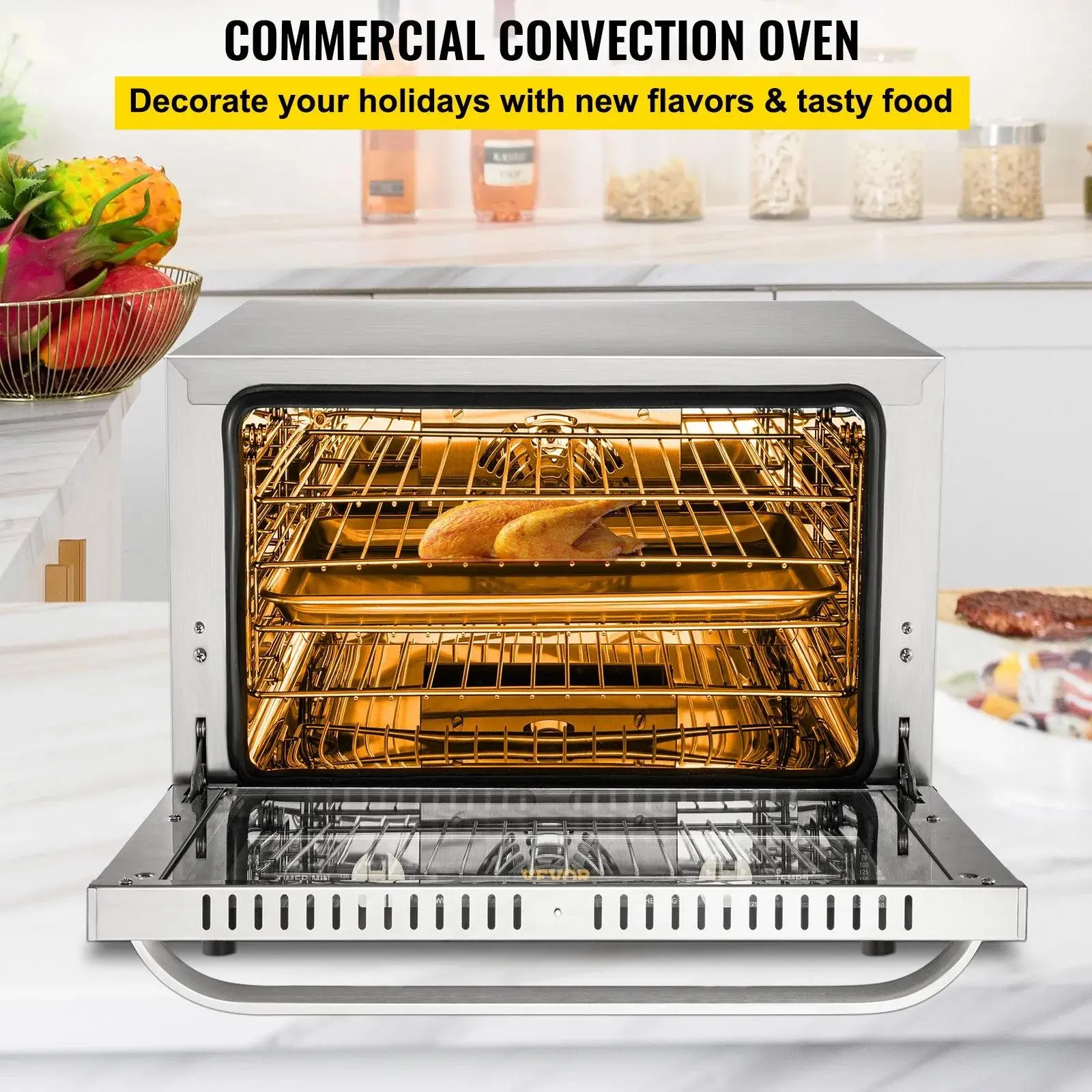 👨‍🍳🍞Horno de convección comercial, 66 L (60 cuartos de galón), 🍕tamaño compacto (half-size) para encimera, 1800 W, 4 niveles, puerta frontal de vidrio, horno eléctrico para hornear con bandejas, rejillas, pinzas y guantes, 120 V, certificado ETL.