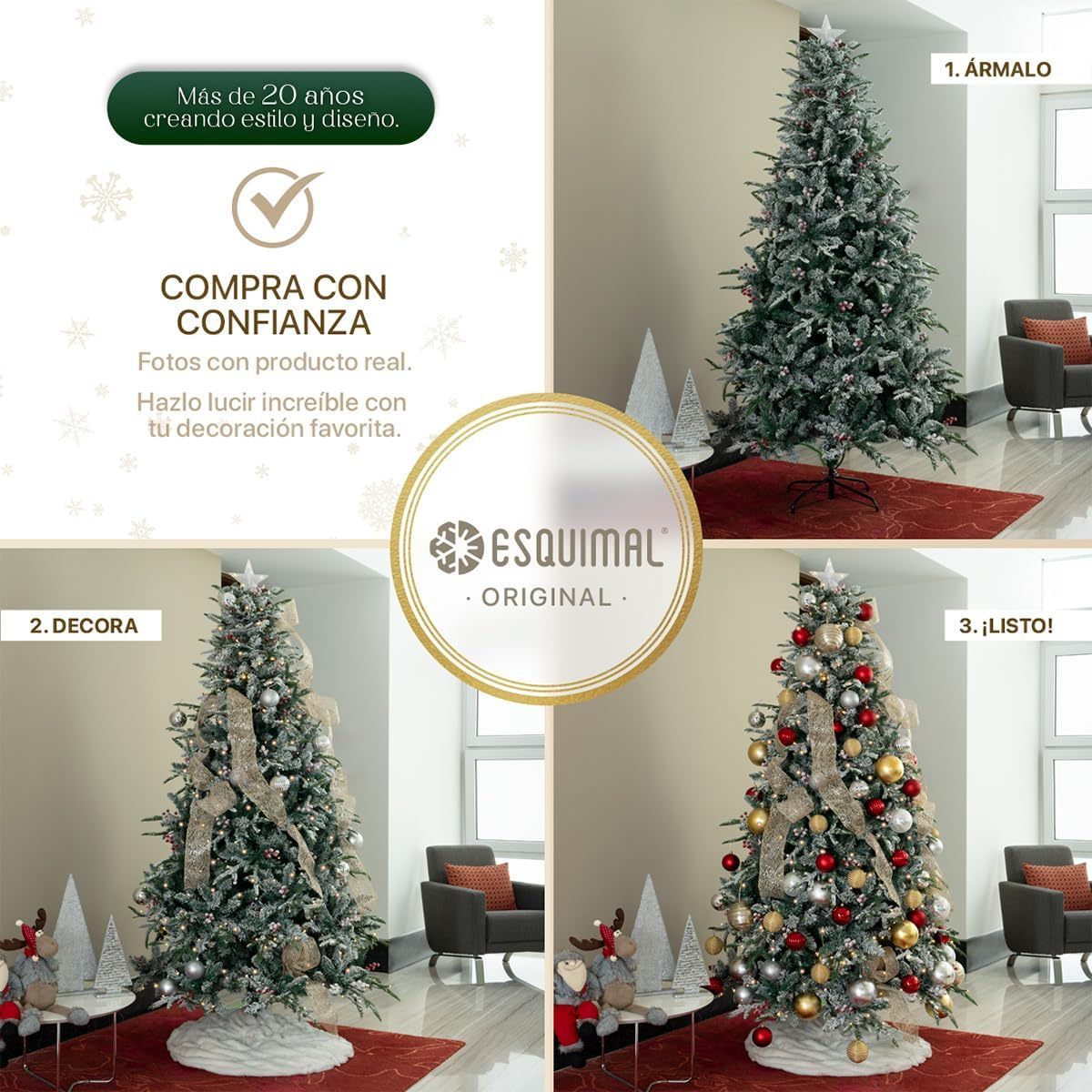 ESQUIMAL Árbol de Navidad Nevado con Luces LED 8 Modos de Iluminación + Estrella + Piñas + Bayas Rojas (1.80 m)