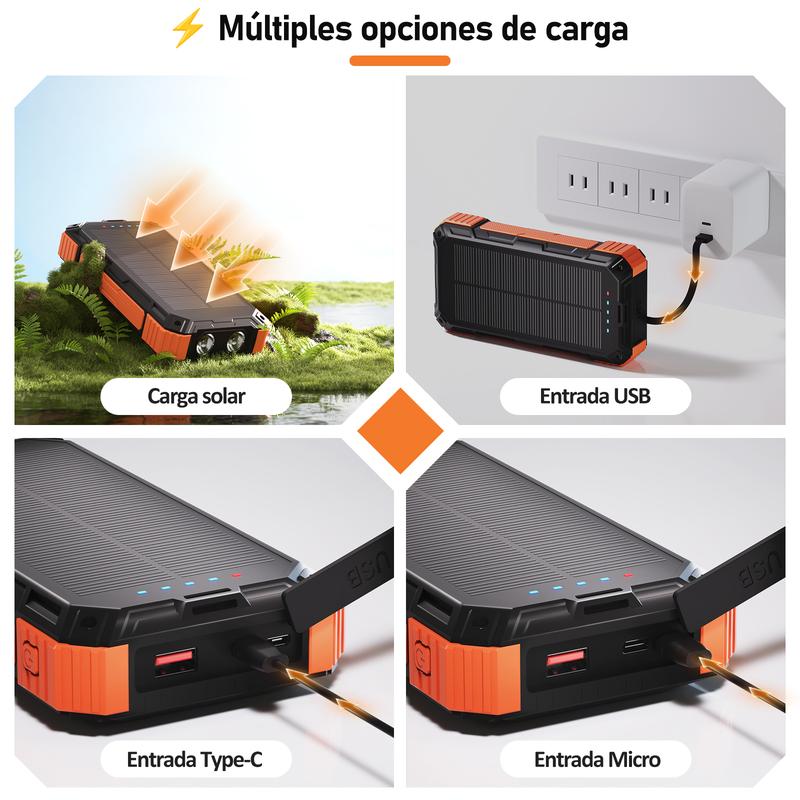 49800mAh Banco de energía solar portátil con carga rápida de 22.5W y carga inalámbrica de 15W, 4 cables integrados, 6 salidas y 2 entradas. Potente y versátil, ideal para viajes, campamentos y emergencias. banco de energía solar, energía portátil, tecnolo