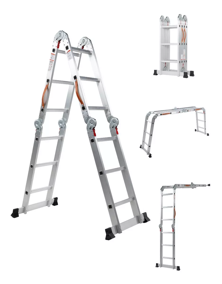 Escalera De Aluminio Multiposiciones Plegable KMEM35 Kingsman De 3.5 Metros Con 12 Peldaños Y Charolas Tipo Tijera Andamio Para 150 kg