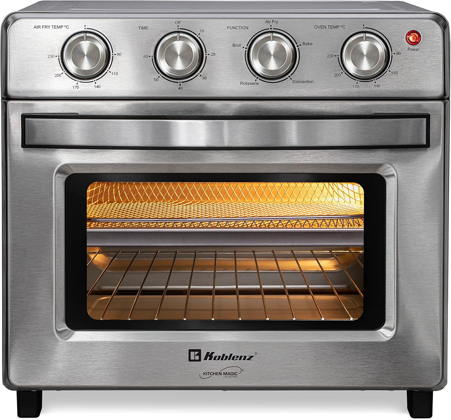 Horno Freidora de Aire Koblenz de 25 Litros, 7 en 1 Fríe sin Aceite, Asa, Gratina, Dora, Tuesta, Calienta, Rostiza, 7 accesorios, 1400 W, Control con Perilla, acero inoxidable (HFKM-1400 IN)