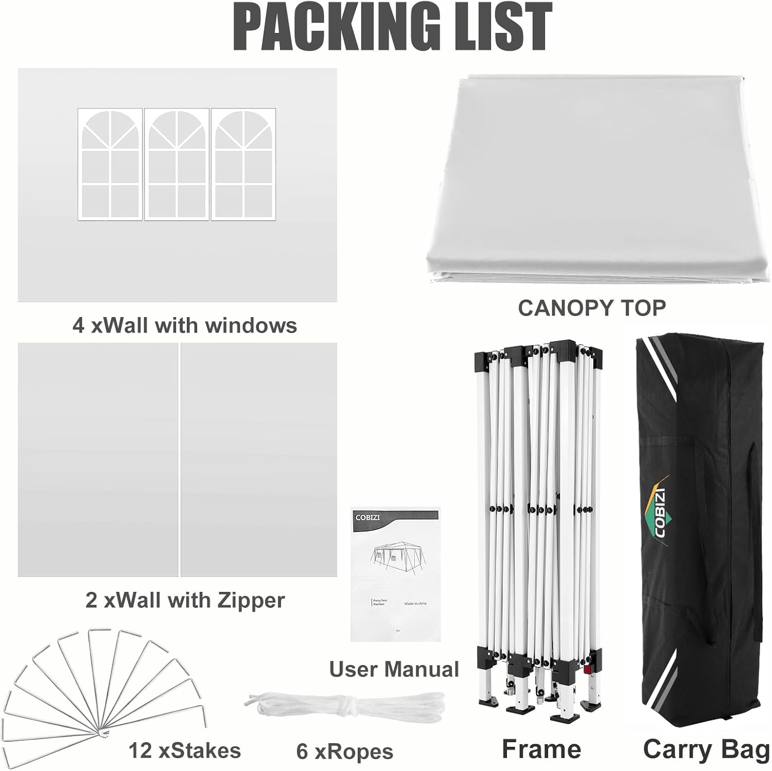 COBIZI - Toldo desplegable de 10 x 20 Pulgadas con 6 Paredes Laterales, toldo Impermeable para Eventos al Aire última intervensión, UPF 50+ cenador portátil para Fiestas, Playa, Camping, Boda,