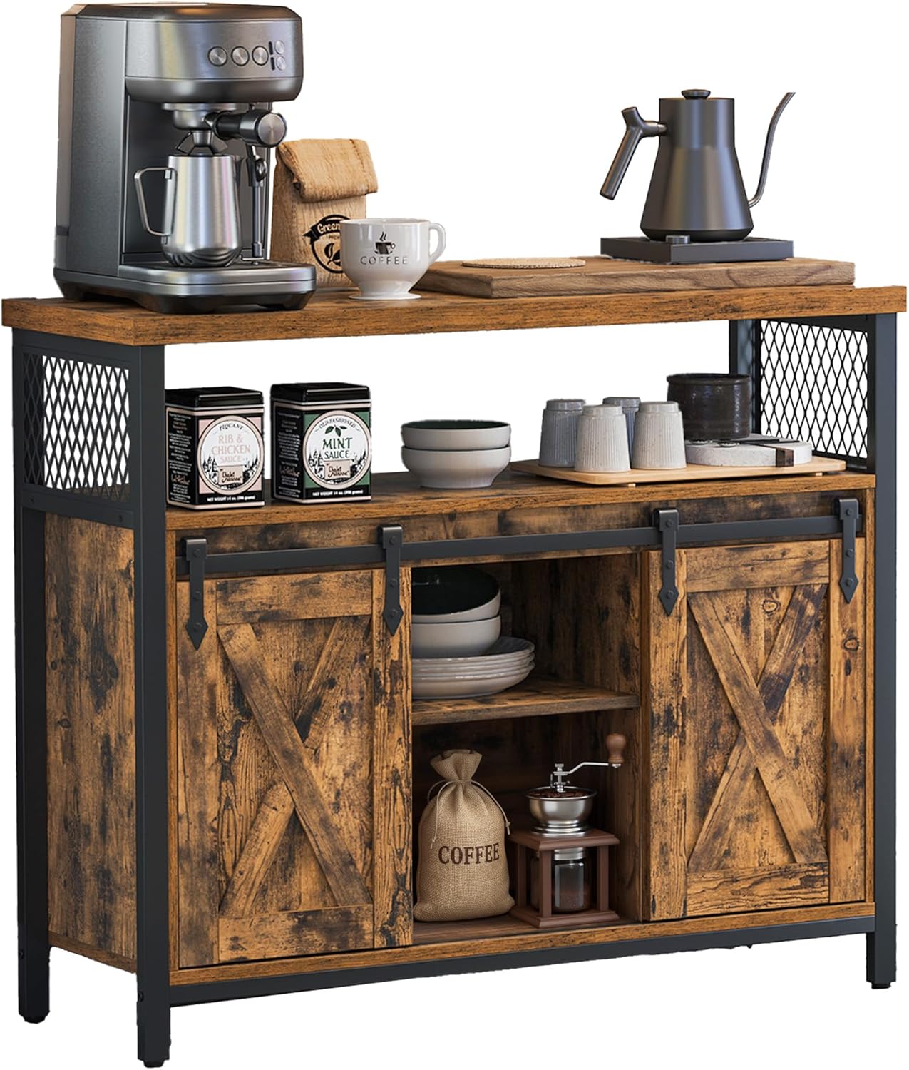 VASAGLE Credenza y Mueble Cocina, Gabinete para Cocina con 2 Puertas Correderas y Repisas, Sala o Pasillo, Marrón Rústico, Negro Tinta, MLSC092B01