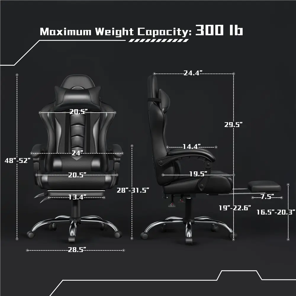 Silla Gamer Ergonómica con Soporte Lumbar de Masaje, Reposapiés Retráctil y Reposacabezas – Silla de Oficina Reclinable de Cuero PU, Silla de Escritorio Giratoria con Ruedas para Gamers de Gran Estatura