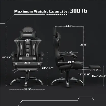 Silla Gamer Ergonómica con Soporte Lumbar de Masaje, Reposapiés Retráctil y Reposacabezas – Silla de Oficina Reclinable de Cuero PU, Silla de Escritorio Giratoria con Ruedas para Gamers de Gran Estatura