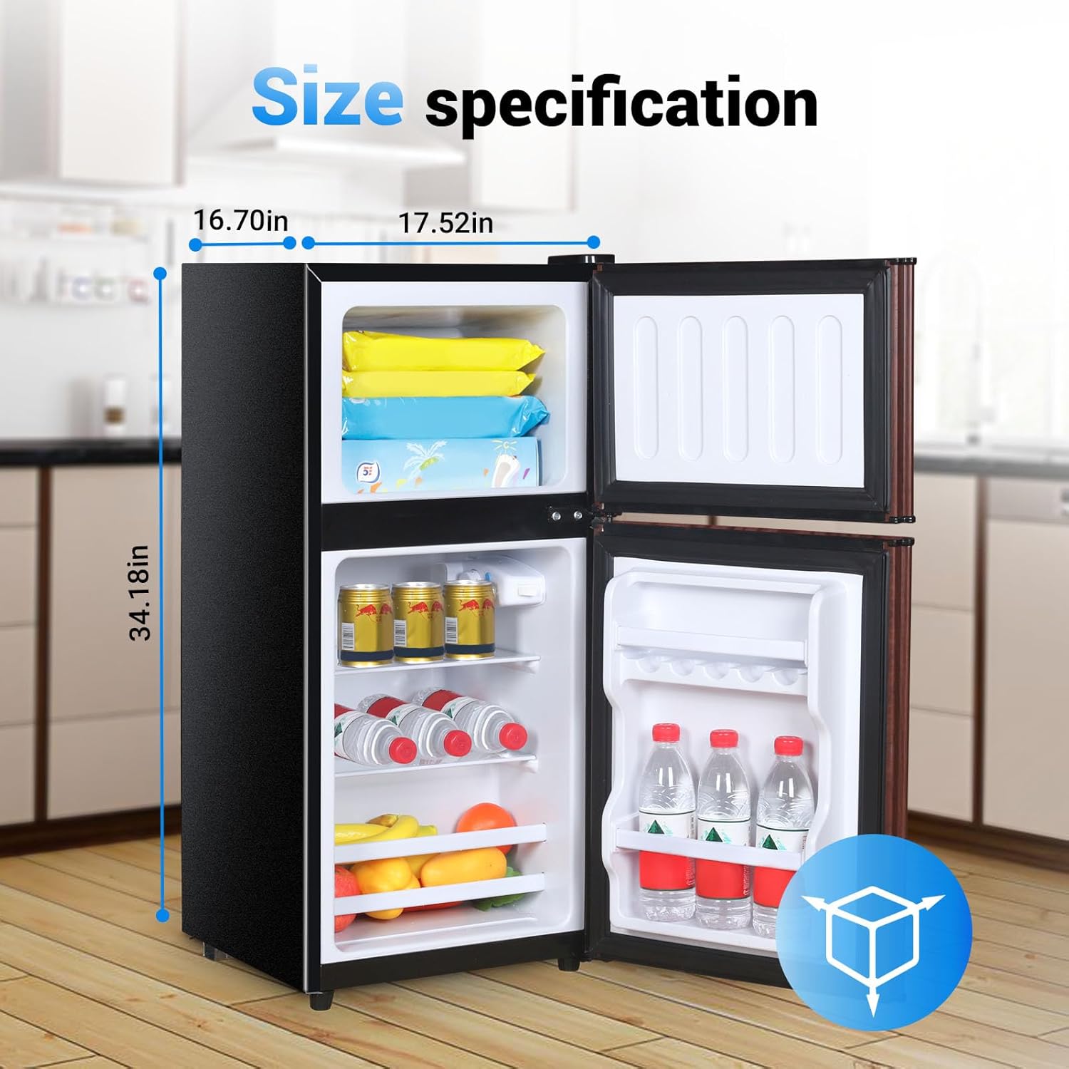 Maine Mini nevera, pequeña nevera con congelador 3.2 pies cúbicos Refrigerador compacto de 2 puertas con control de termostato ajustable de 7 niveles, perfecto para cocina, recámara, departamento,