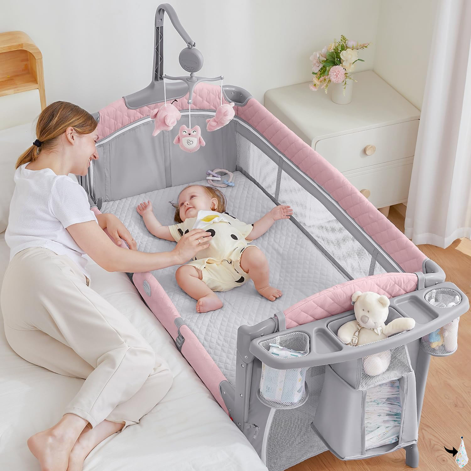 ADOVEL Cuna nocturna para bebé, Pack and Play, viene con colchón, cambiador y parque para recién nacidos y niños pequeños-----Toallitas para babas