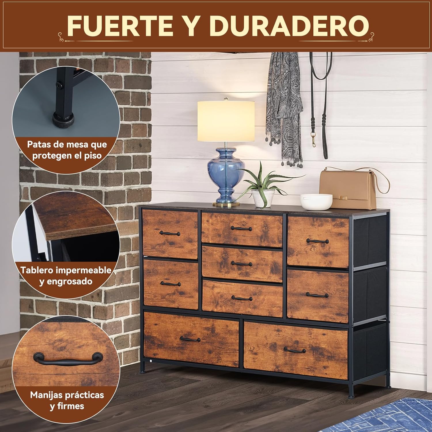 FURRIFIC Cómoda Gran Capacidad de 9 Cajones,115 * 75 * 35cm,Cajonera para Recamara,Ropa,Hogar Y Oficina,Organizador Cajonera de Estructura Metal con Cajones de Tela en 3 Tamaños