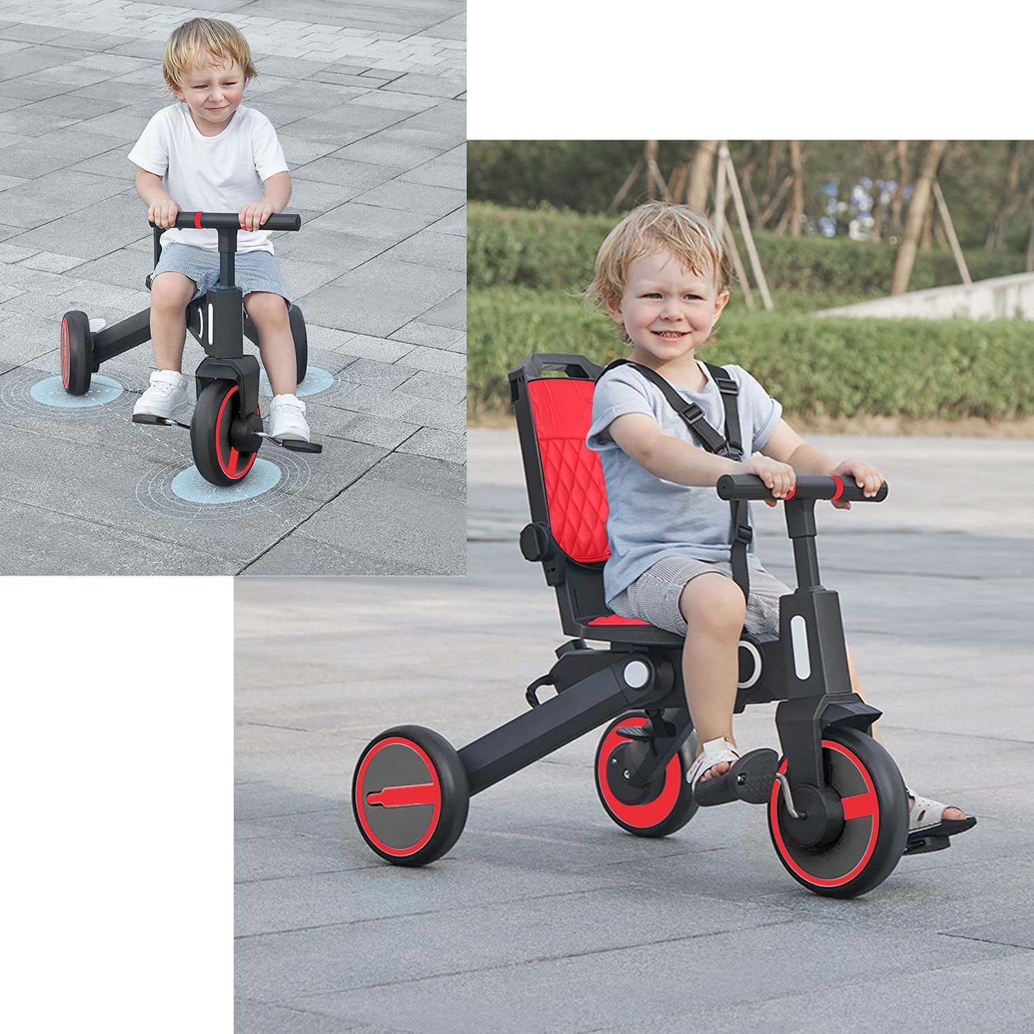 Triciclo de bebé 4 en 1, Bici polivalente, cochecito de dirección plegable, bicicleta de aprendizaje con barandilla desmontable, con toldo ajustable, arnés de seguridad, pedales plegable, freno, asa de empuje para padres, diseño de absorción de impactos,