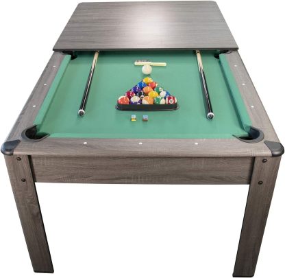 PLAY4FUN Mesa de Billar Convertible en Comedor | 2 en 1 Multifuncional | 226 x 126 x 80 cm | Tapete Verde con Retorno de Bolas | Accesorios Incluidos | Capacidad para 8 Personas | Color Gris