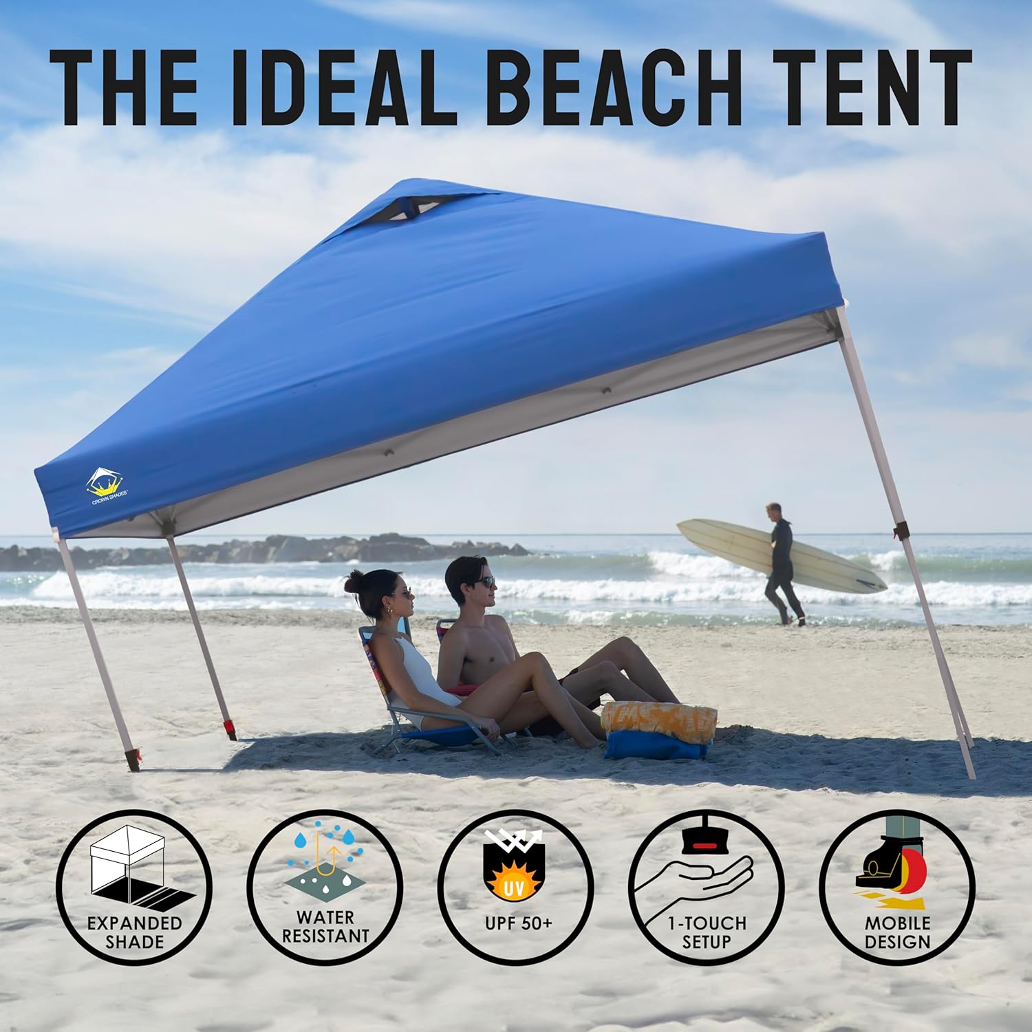 CROWN SHADES - Toldo desplegable para la Playa, fácil de armar, para el Aire Libre, Eventos, Fiestas, Campamento, Cubierta STO-N-Go, Parte Superior recubierta de Plata, 10 x 10 Pulgadas, Blanco