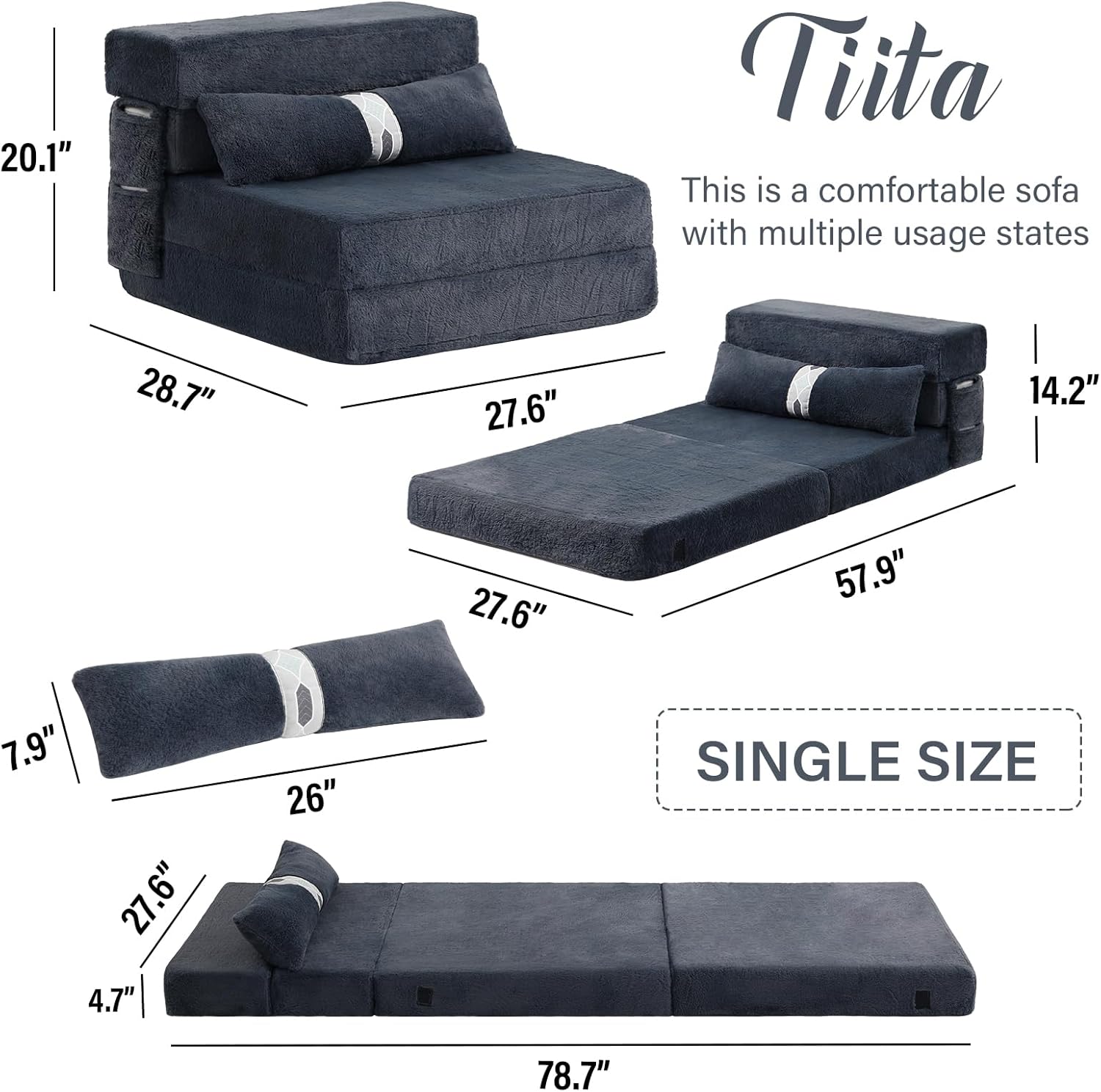 Tiita - Sillón de futón, tamaño individual, sofá cama plegable con almohada, colchón de piso y futón para sala de estar, recámara, uso de invitados, departamento