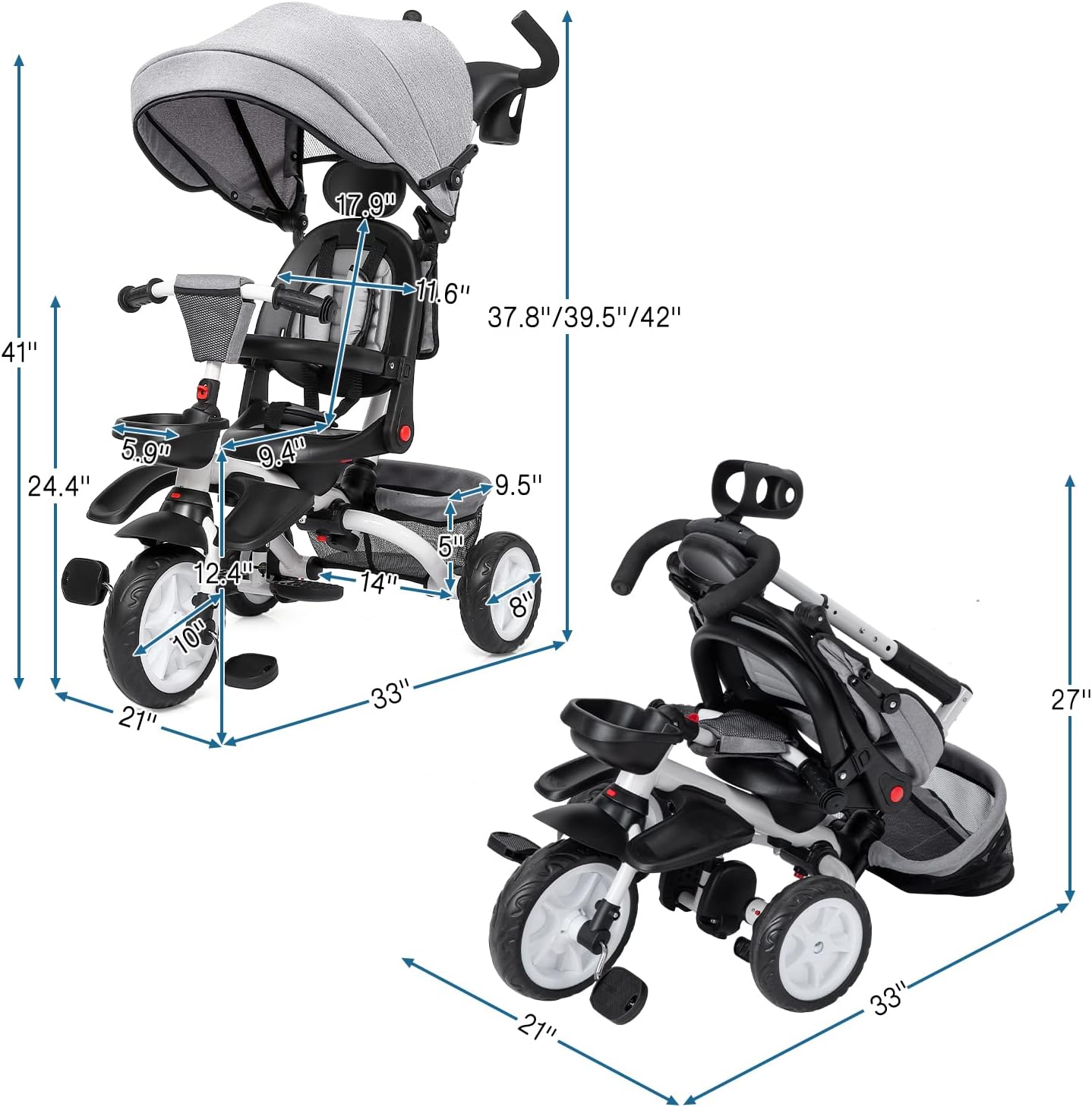 Babevy - Triciclo para bebé, 7 en 1, Plegable con Mango de Empuje Ajustable extraíble, toldo, Asiento Giratorio, arnés de Seguridad, portavasos y Almacenamiento, Triciclo para niños de 1 a 5 años