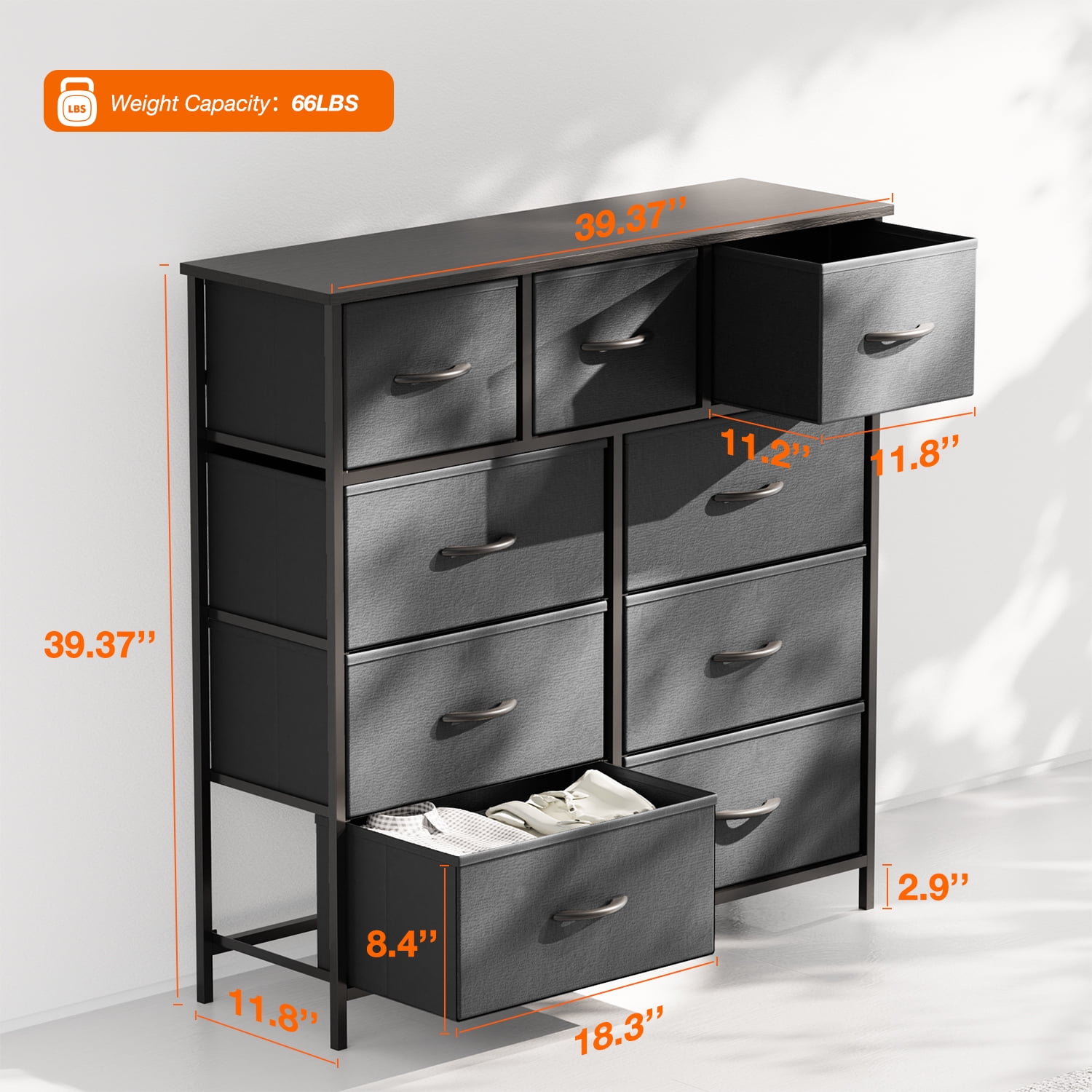 Yanming Cómoda de Tela con 9 cajones, Estructura de Acero y Tapa de Madera para Dormitorio, Armario, Entrada