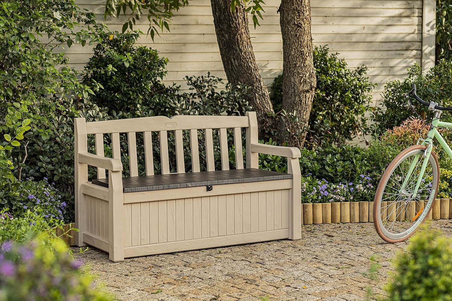 Keter Banco de jardín Eden, Caja de Almacenamiento de Jardin, Cerradura, Polipropileno, Blanco y Marrón