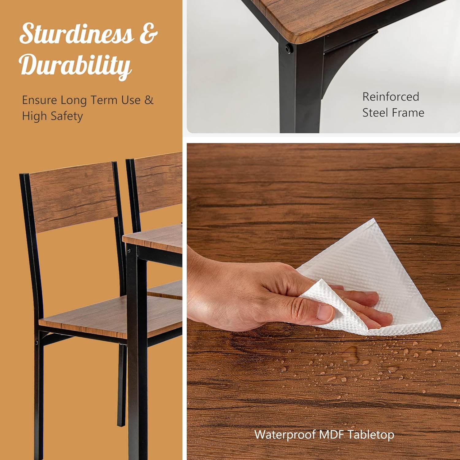 Giantex - Juego de mesa de comedor para 4, mesa de cocina con banco y sillas, banco industrial para reuniones, escritorio funcional, con marco de metal y estante de almacenamiento (marrón)