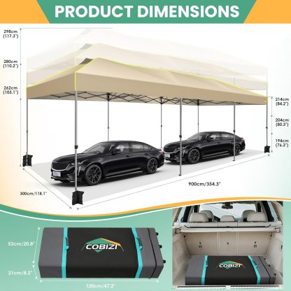 COBIZI - Tienda de campaña desplegable de 10 x 20 Pulgadas, Tienda de campaña instantánea Comercial para Bodas, Fiestas con 3 Altura Ajustable, toldo Ez Up para Exteriores, Impermeable, UPF50+ con