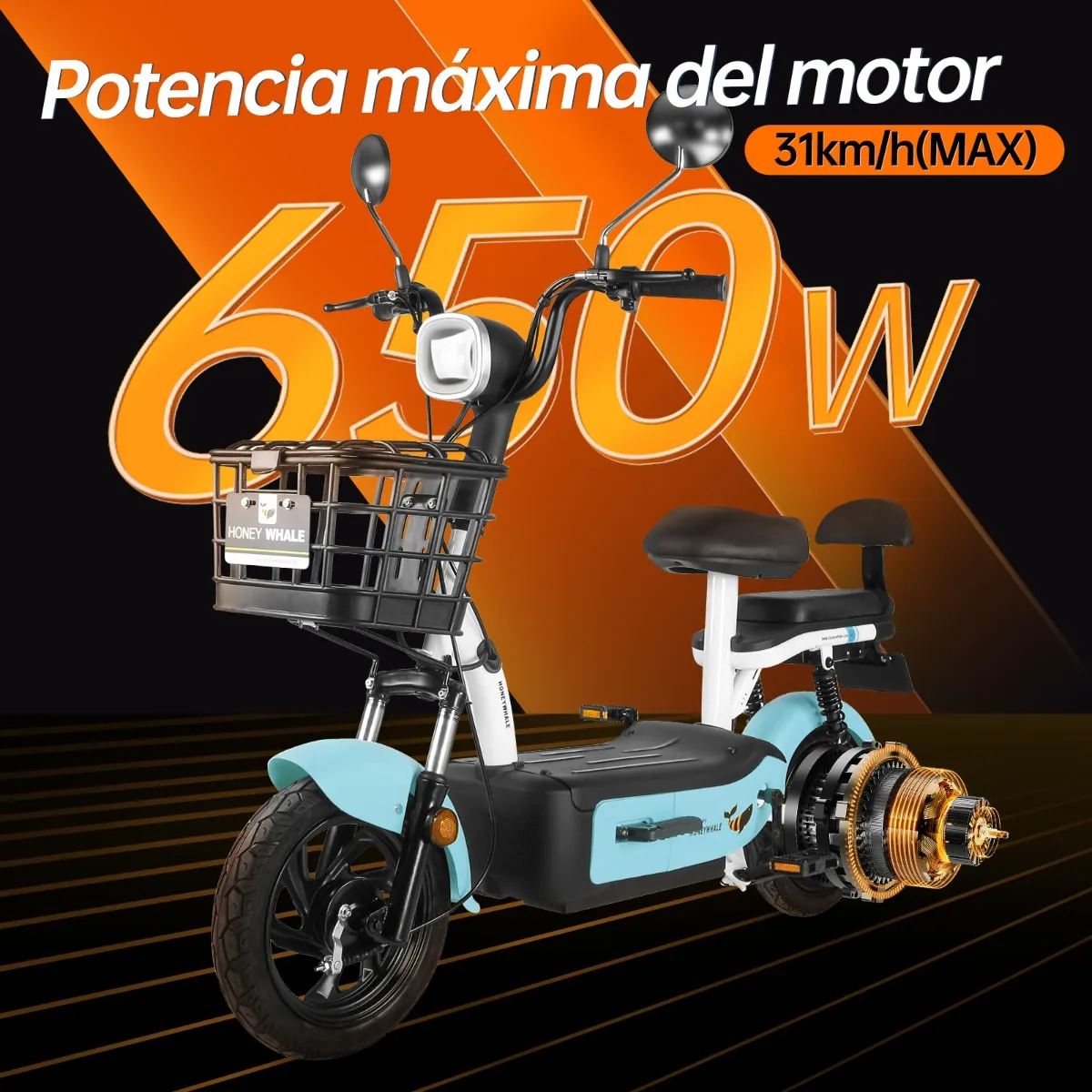 HONEY WHALE U1S Bicicleta Eléctrica 31KM/H-650W-65KM-20AH-(MAX)Velocidad-Potencia-Autonomía-Capacidad de la Batería, Moto Bici, Dos Asientos, Amortiguación de doble muelle HONEYWHALE