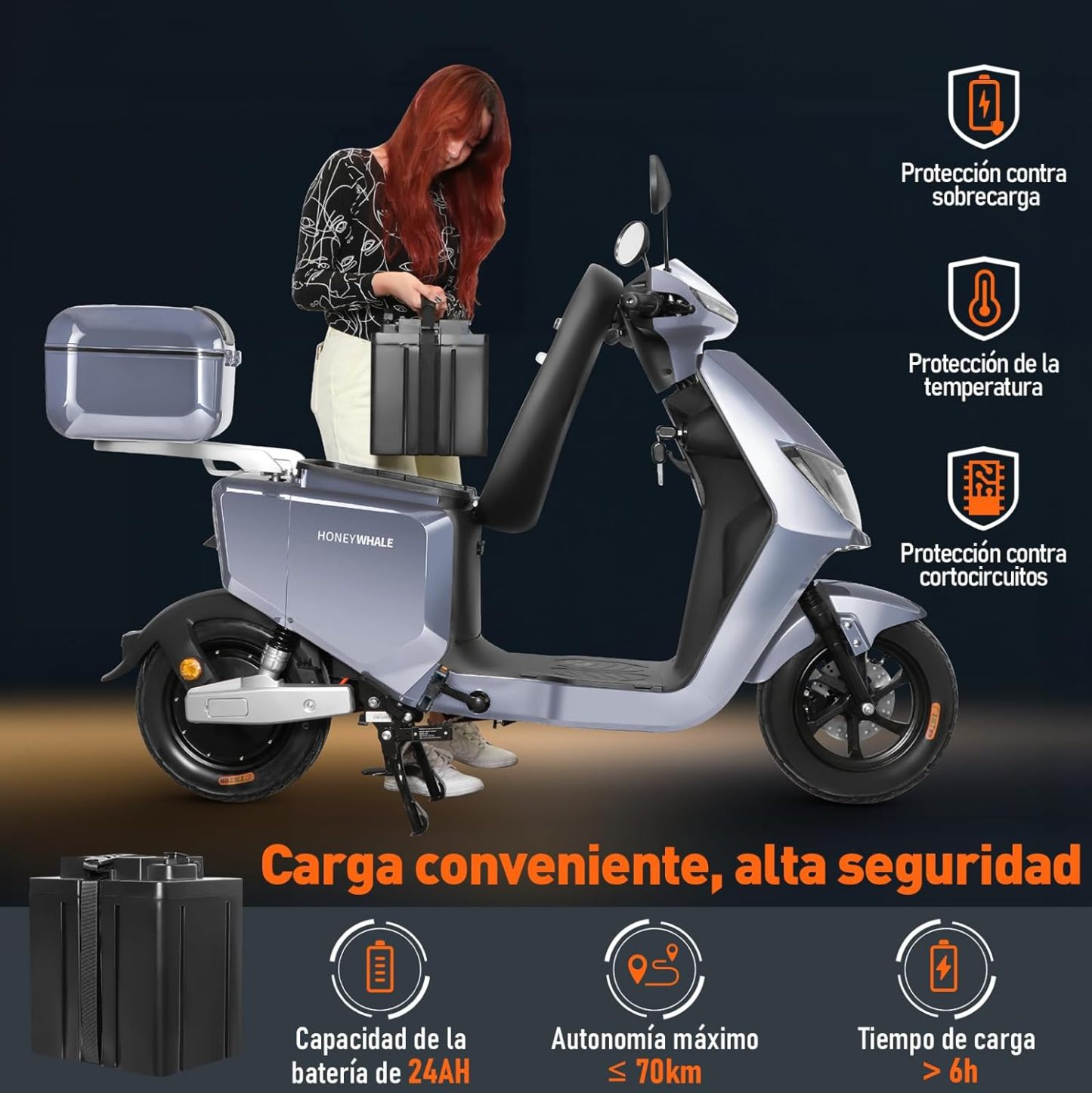 HONEYWHALE i009 Moto Bicicleta Electrica para Adultos, Scooter Inteligente con Batería de Litio Extraíble de 24AH, 800W Motor, Velocidad Máxima 50KM/H, Autonomía 70KM, Sistema Antirrobo