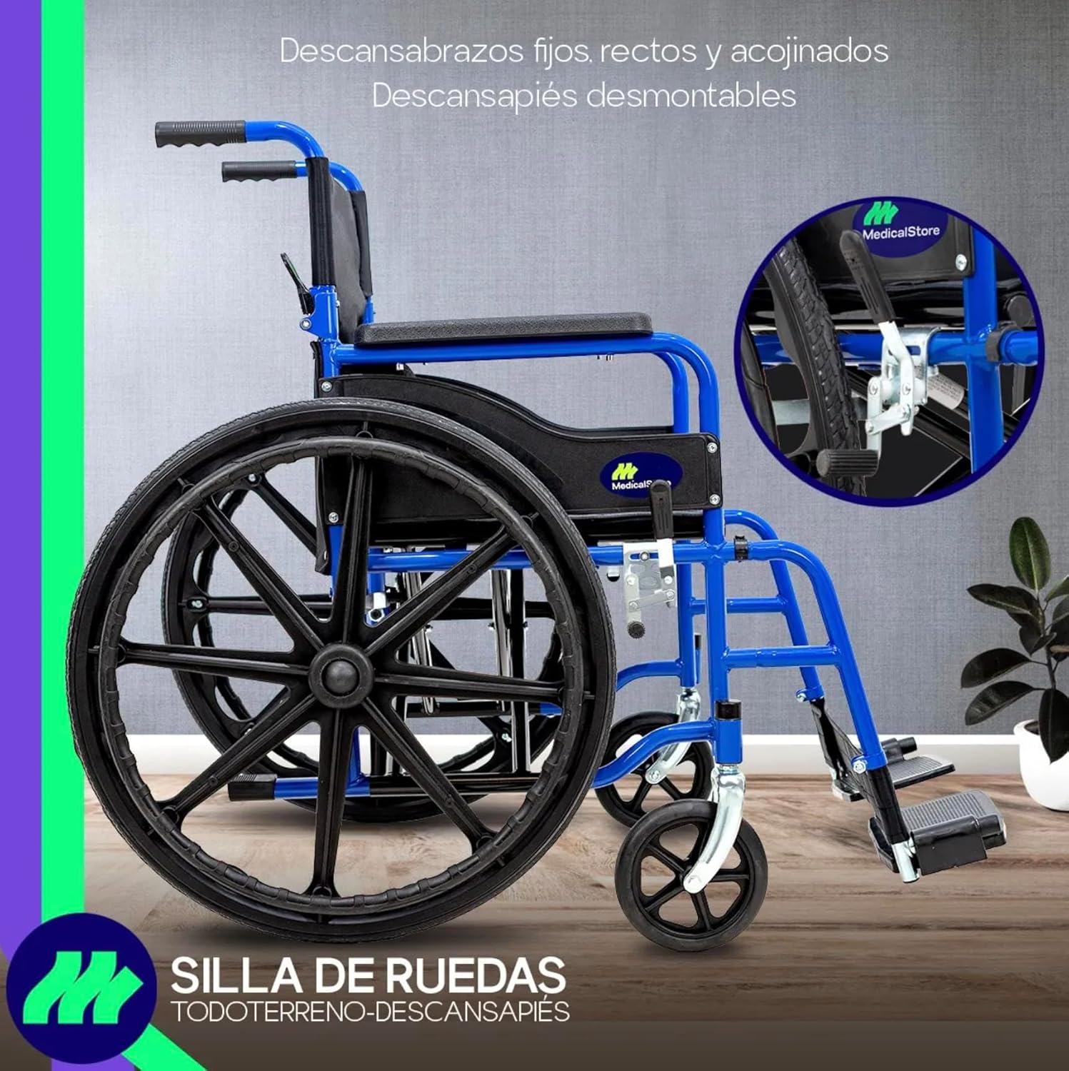 MEDICAL STORE Silla De Ruedas Ligera Adulto Mayor Todo Terreno Traslado Plegable Compacta Con Freno De Mano Rehabilitación Con Descansa Pies Abatible
