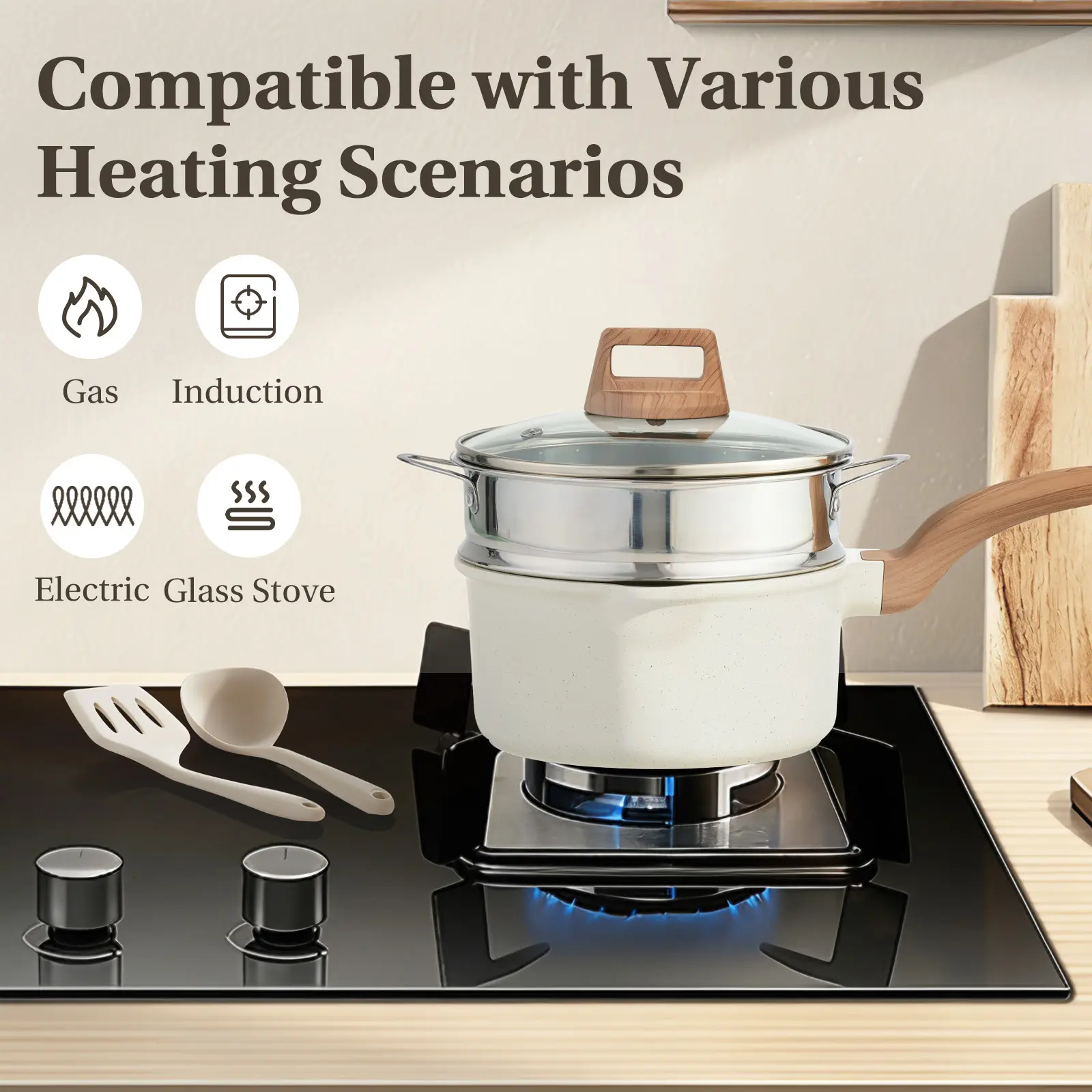 Juego de utensilios de cocina de 25 piezas con revestimiento cerámico y efecto granito antiadherente, con asas que se mantienen frías; juego de ollas y sartenes compatible con inducción para una cocina saludable.