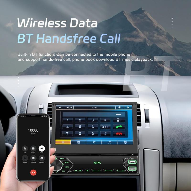 Autorradio de 1 DIN con pantalla táctil de 7 pulgadas, radio para coche con pantalla abatible, Bluetooth, radio FM, función Mirror Link para teléfonos Android/iOS, compatible con tarjetas TF/USB, incluye cámara y micrófono.