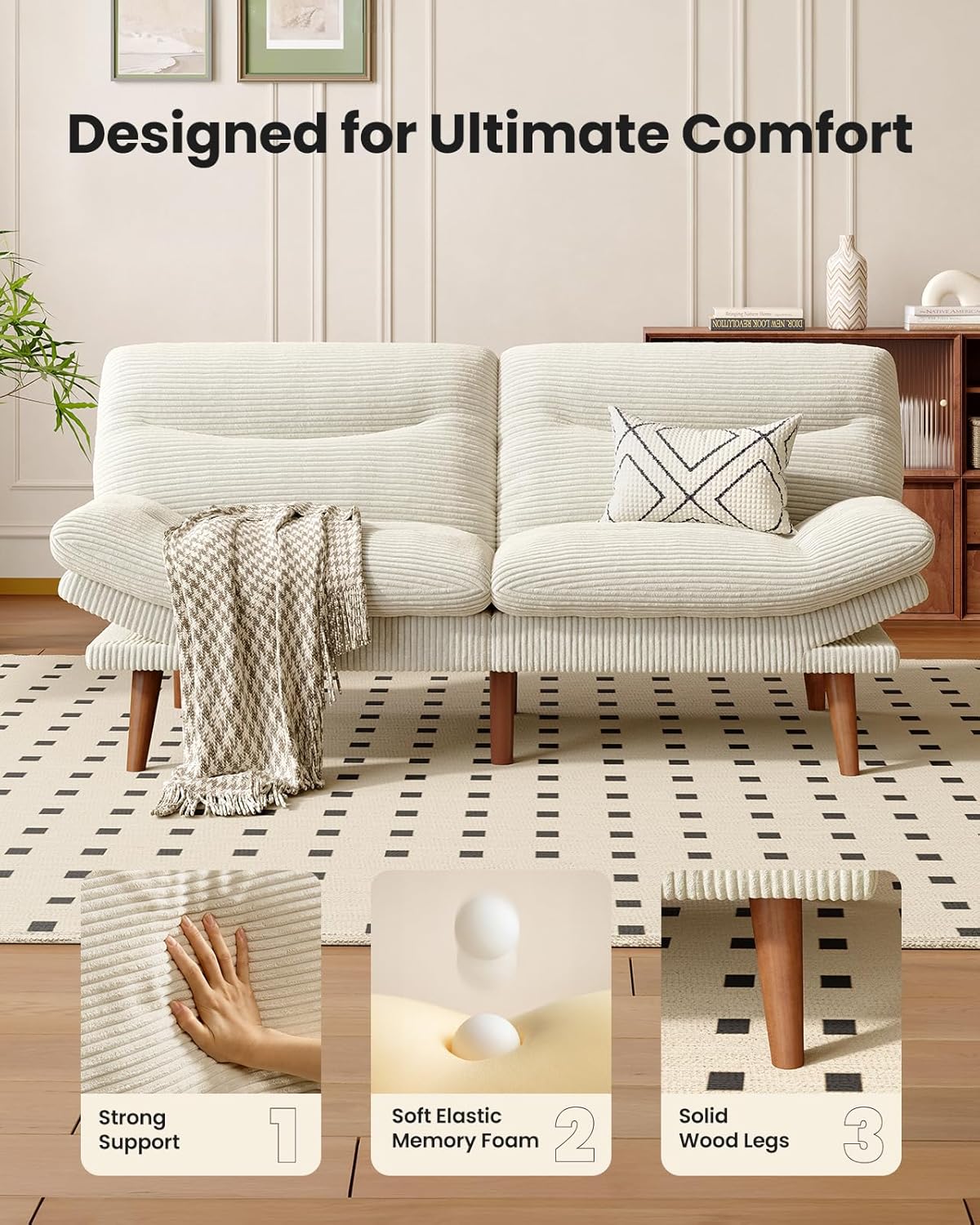 AMADA Sofá Cama Futón Convertible de 66", Juego de Futón Plegable de Pana con Respaldo y Reposabrazos Ajustables, Sillón Reclinable para Sala de Estar, Departamento u Oficina, Marco de Madera Sólida