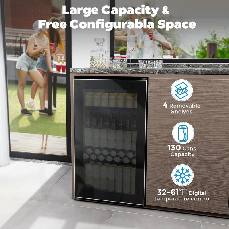 Refrigerador y Enfriador de Bebidas, Mininevera con capacidad para 48-130 latas, Enfriador compacto con pantalla digital (32~61℉), Pequeño refrigerador con 4 estantes para oficina en casa, dormitorio, garaje o sala de juegos