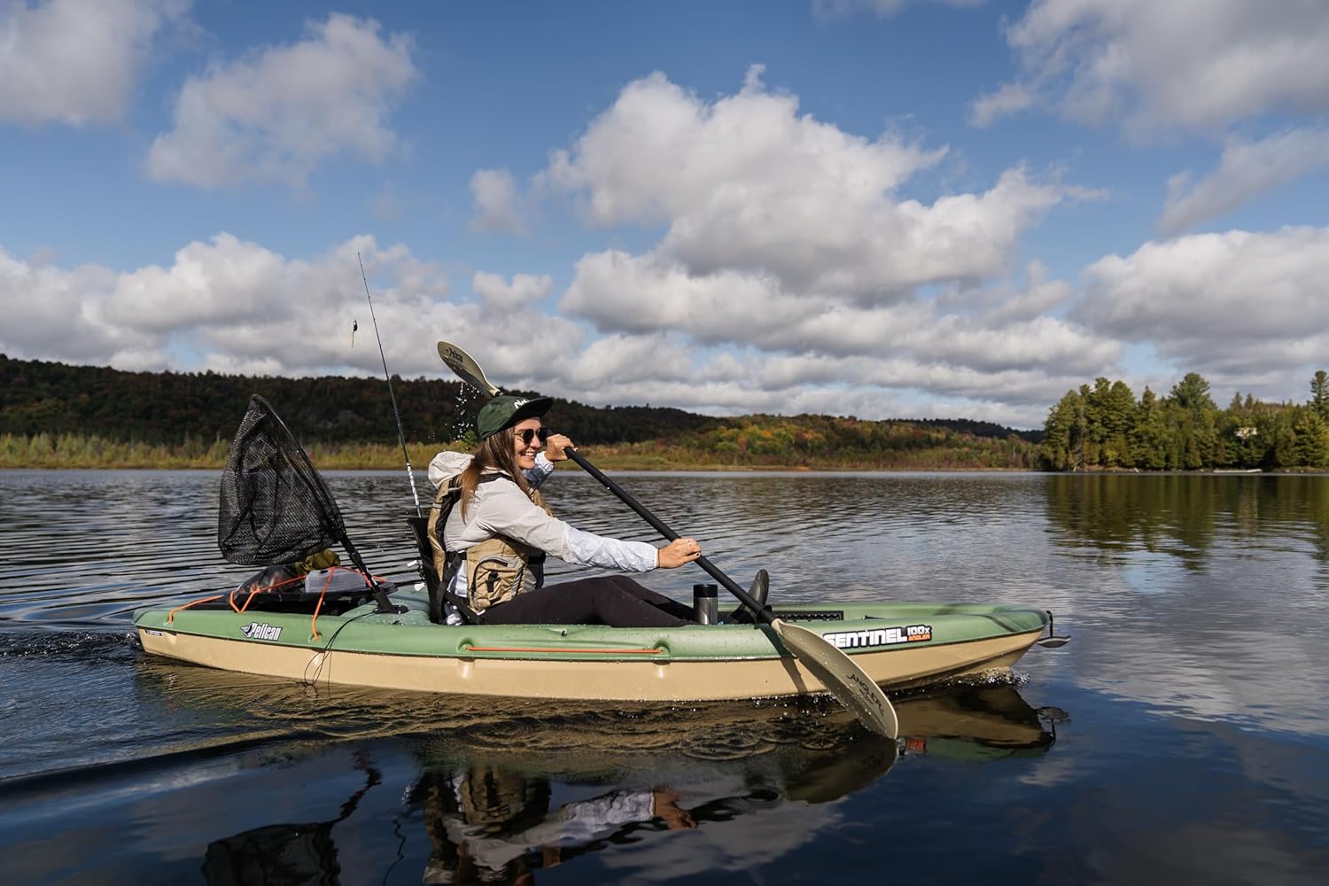 Pelican Sit-on-Top Kayak - Sentinel 100X - 9.5 Feet - Lightweight One Person Kayak (Fade Black Green/Light Khaki, Angler/Fishing)