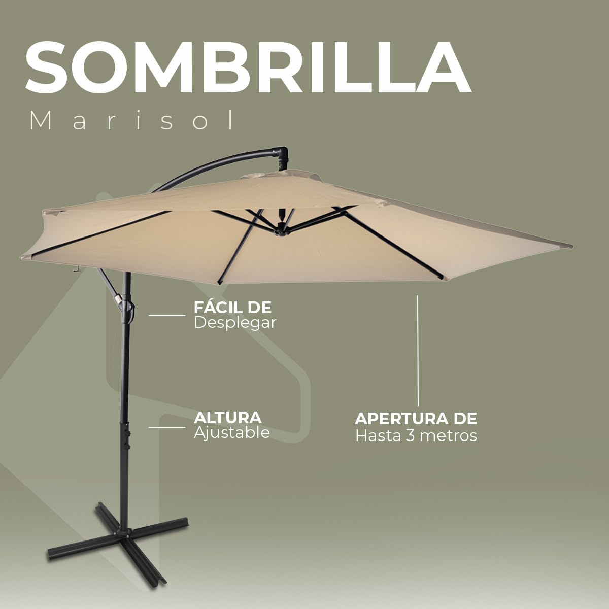 Sombrilla de Jardín Duralife | Sombrillla para Exterior con Brazo Lateral 3M Diámetro Altura Ajustable | Sombrilla de Poliester para Patio, Jardin, Terraza