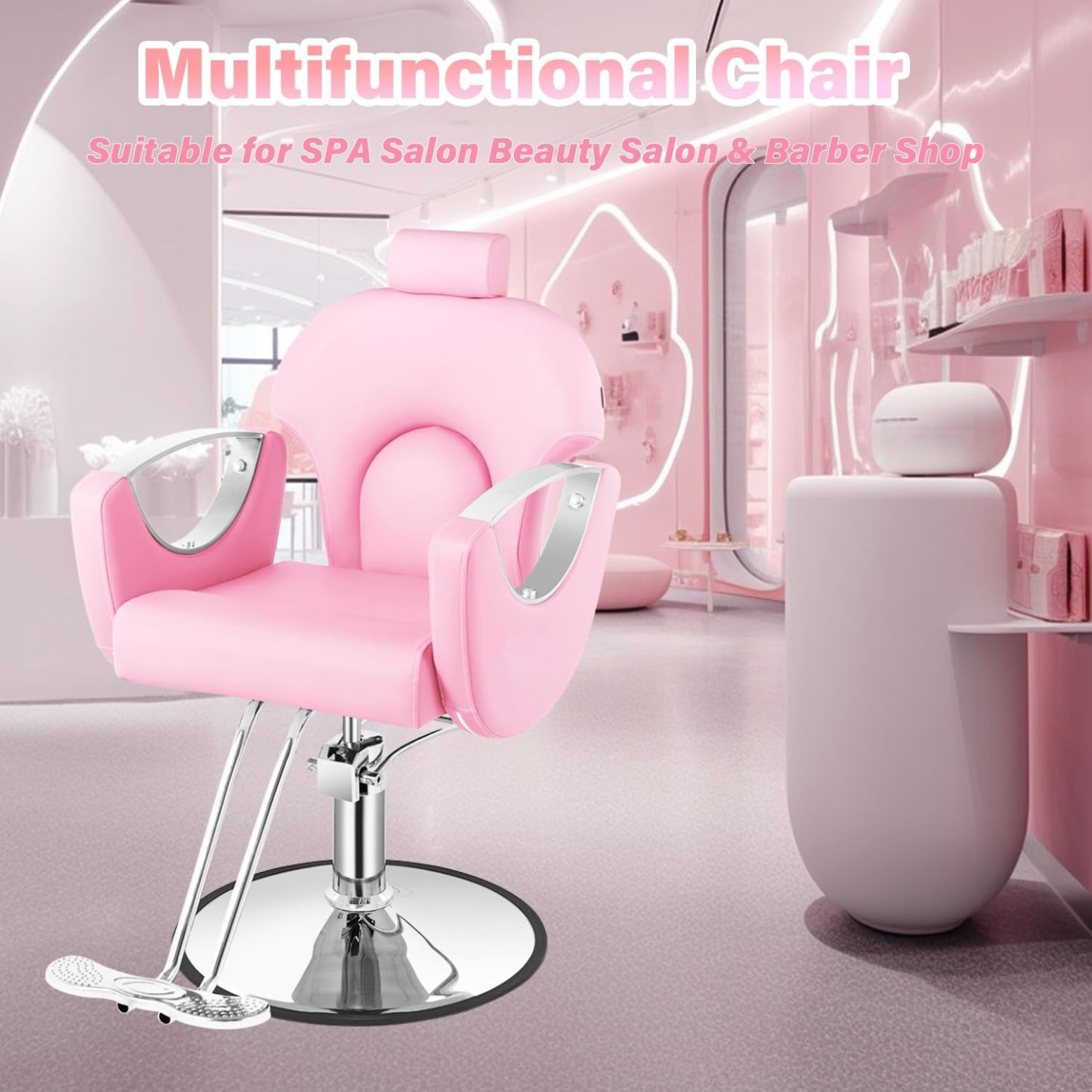 Silla de peluquero de salón, silla reclinable para peluquero, silla de peluquería con bomba hidráulica resistente, silla de peluquería giratoria de 360 grados para peluquería en casa, color rosa