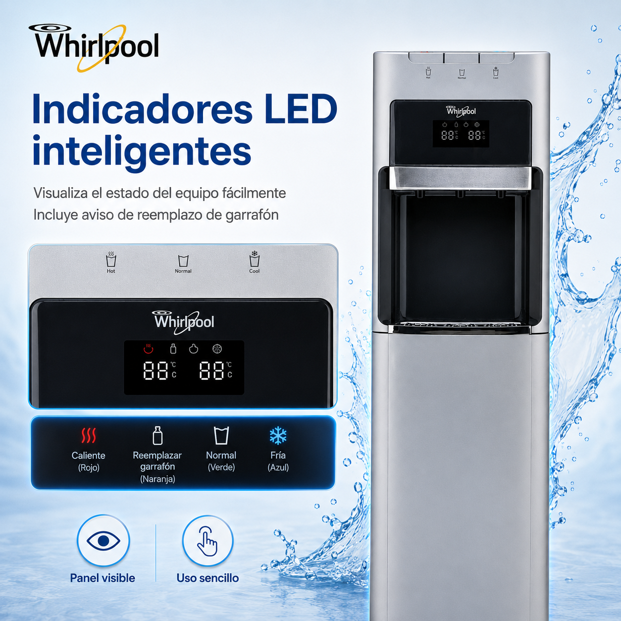 Whirlpool WK5915BD Dispensador de Agua con Garrafón Oculto, Agua Fría y Caliente, Indicador LED, Diseño Moderno