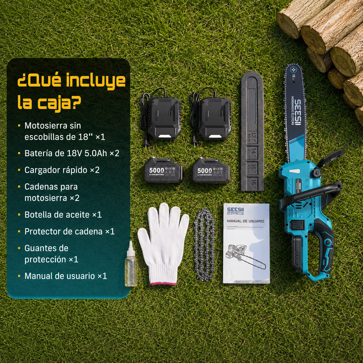 SEESII Motosierra a Batería 40V de 18", 2200W, 2 Baterías de 5.0 Ah, 30 FT/S, Lubricación Automática para Corte y Poda