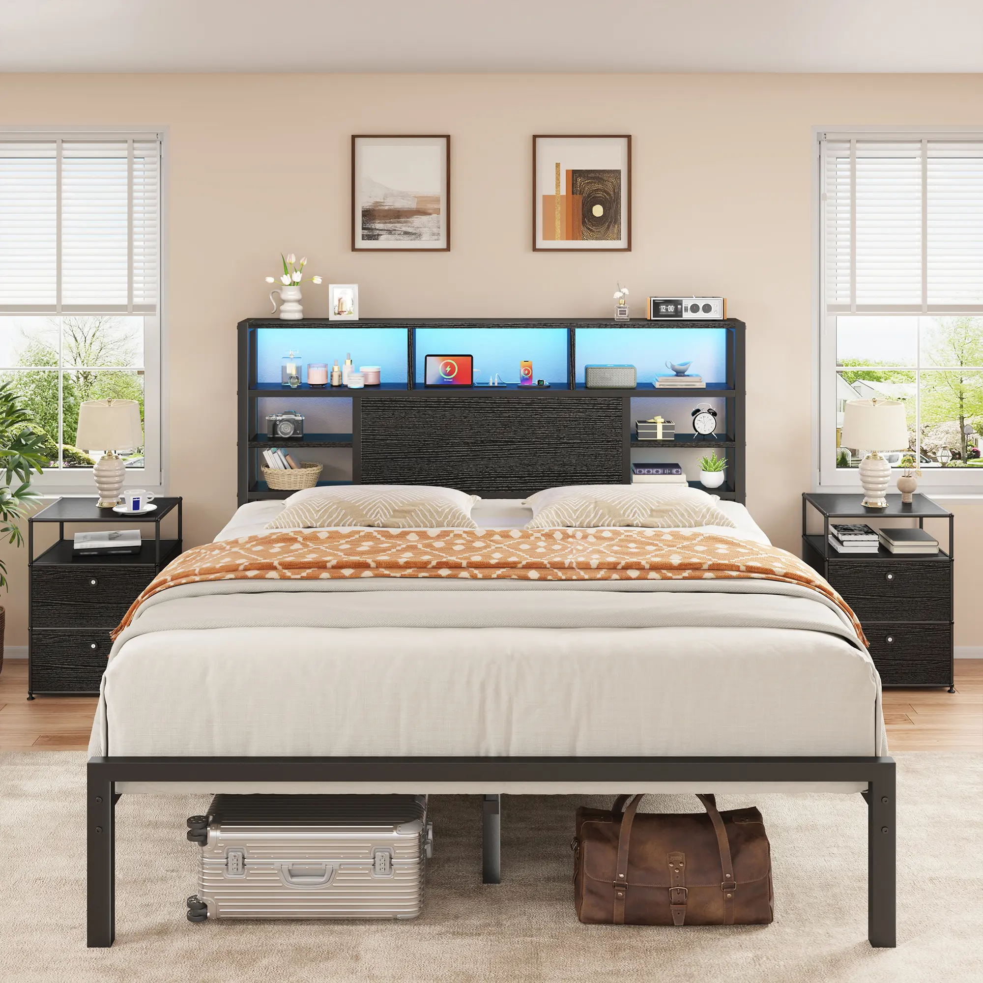 Estructura de cama Raybee con luces LED (tamaños Queen, King y Full), cabecero y estante de almacenamiento; diseño moderno e industrial de madera y metal con estación de carga integrada; silenciosa y resistente (capacidad de 900 libras); incluye somier de