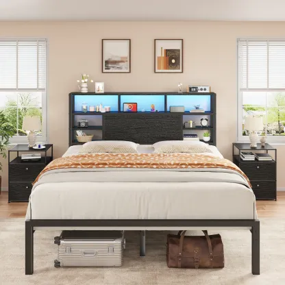 Estructura de cama Raybee con luces LED (tamaños Queen, King y Full), cabecero y estante de almacenamiento; diseño moderno e industrial de madera y metal con estación de carga integrada; silenciosa y resistente (capacidad de 900 libras); incluye somier de