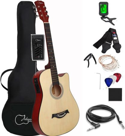 Jidyous electricacústica 38 inch Acústica Clasica guitarras Funda Y Accesorios, con correa, afinador, un paquete de cuerdas adicionales, capo, paño de limpieza, 3 púas, bolsa de concierto (Natural)