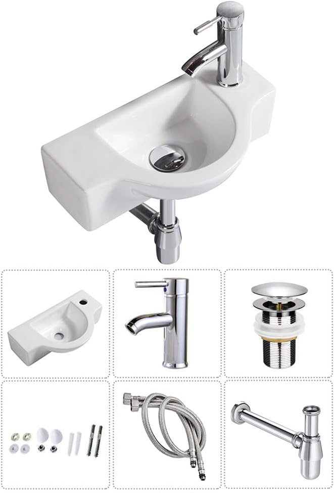 Fregadero de baño de cerámica blanca, fregadero esquinero pequeño montado en la pared (fregadero con grifo y desagüe) -----Cepillo de limpieza