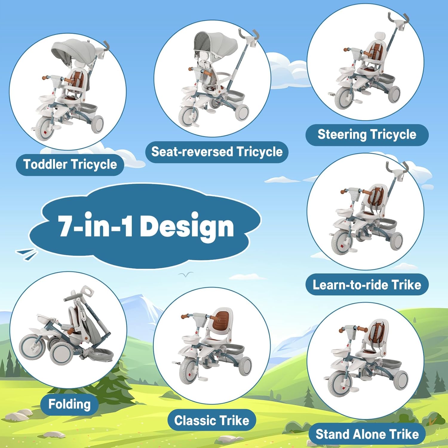 Babevy - Triciclo para bebé, 7 en 1, Plegable con Mango de Empuje Ajustable extraíble, toldo, Asiento Giratorio, arnés de Seguridad, portavasos y Almacenamiento, Triciclo para niños de 1 a 5 años