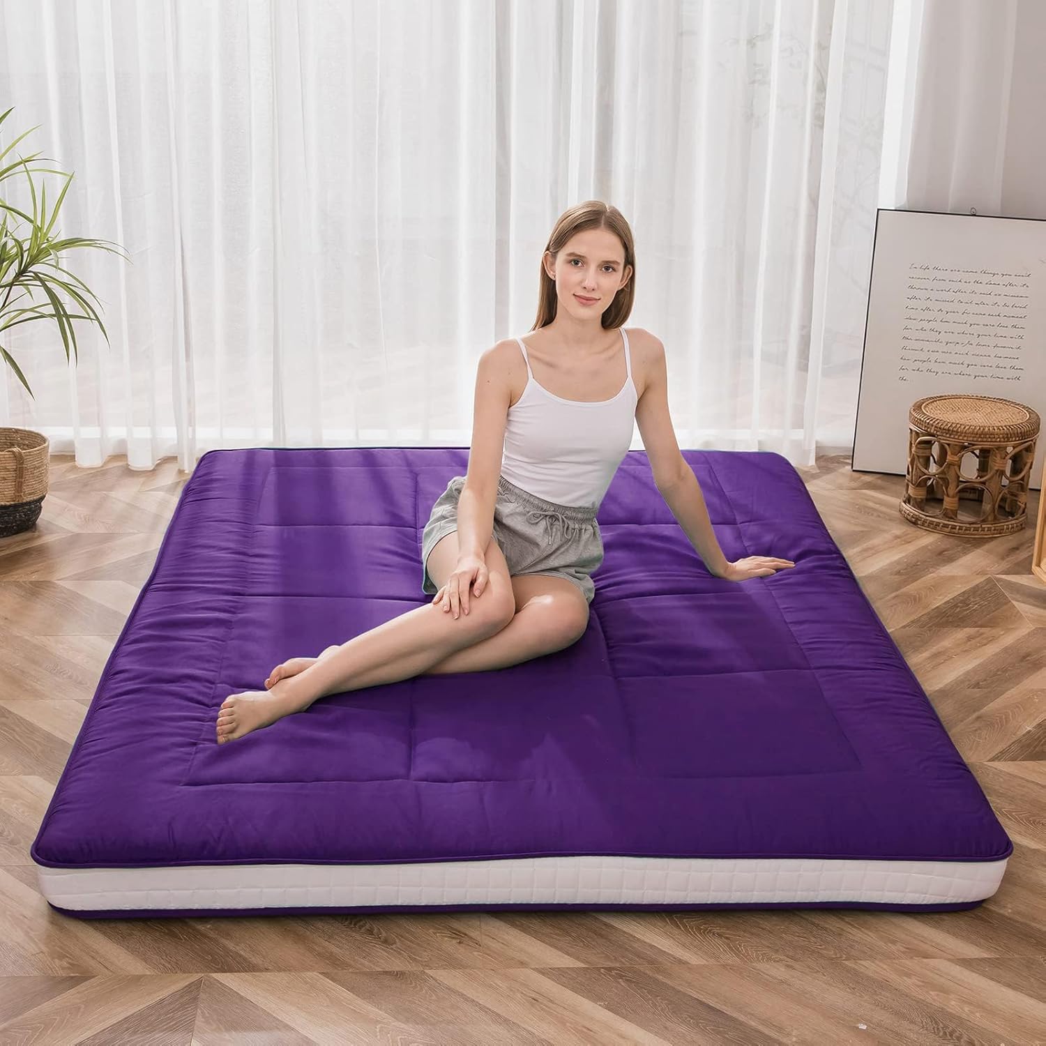 MAXYOYO - Puf plegable para sofá, cama, colchón de piso para adultos, extra grueso, 6 pliegues, sofá para recámara, sala de estar, beige, 135 x 240 cm