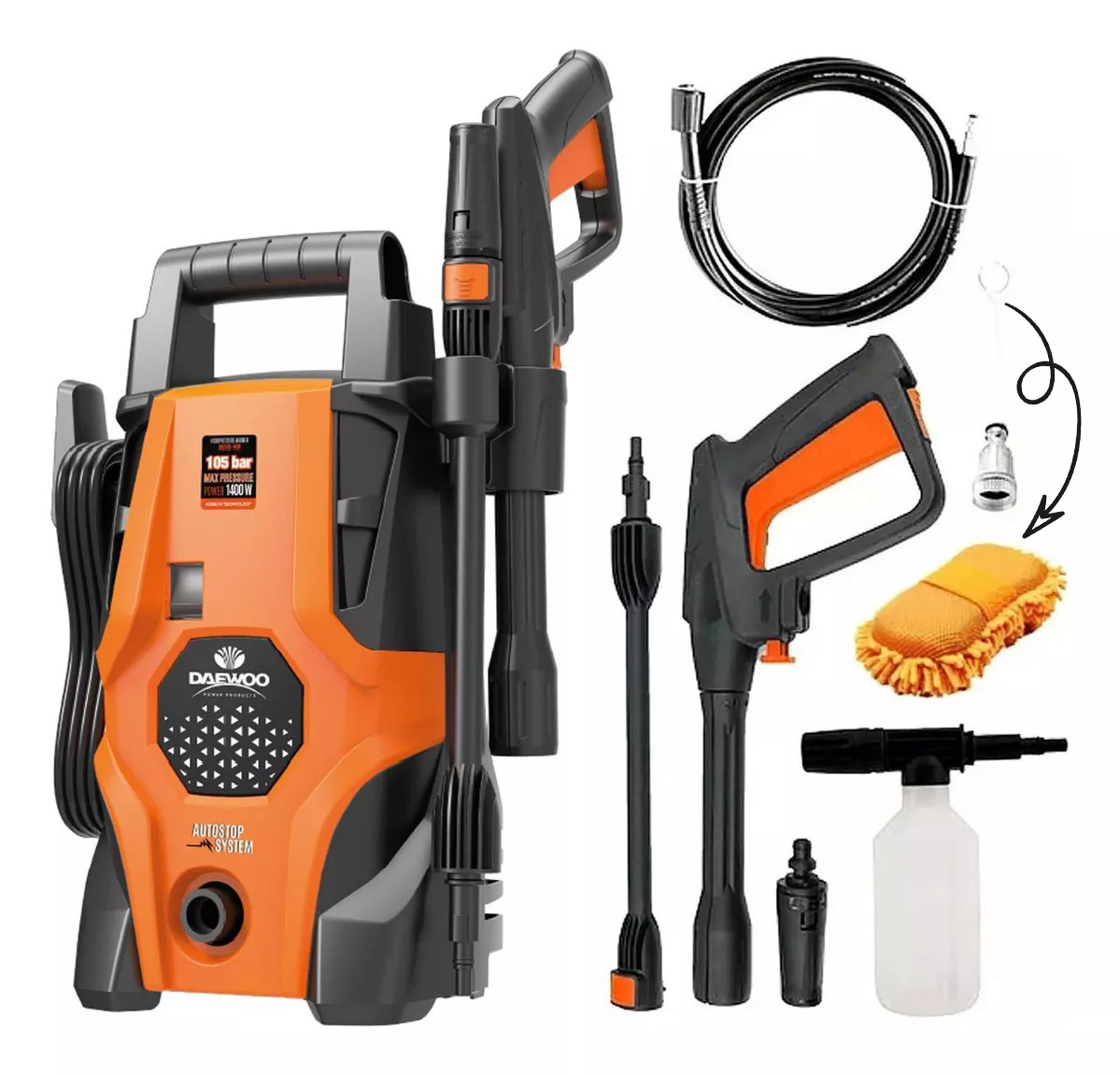 Hidrolavadora Alta Presión Daewoo Accesorios 1400w 1520 Psi Color Negro con Naranja