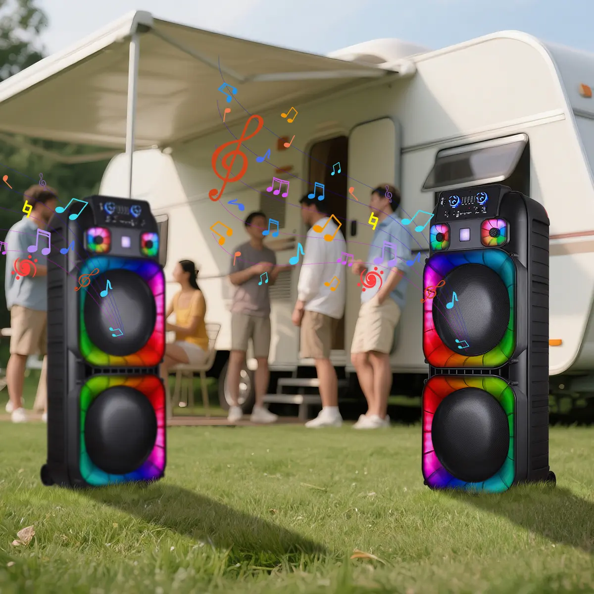 Sistema de altavoces PA portátil con Bluetooth, alta potencia, doble woofer de 15" y tweeter de 1.5"; inalámbrico y recargable, incluye dos micrófonos inalámbricos, control remoto, luces LED de fiesta multicolor y sonido estéreo (SoundBox DJ).