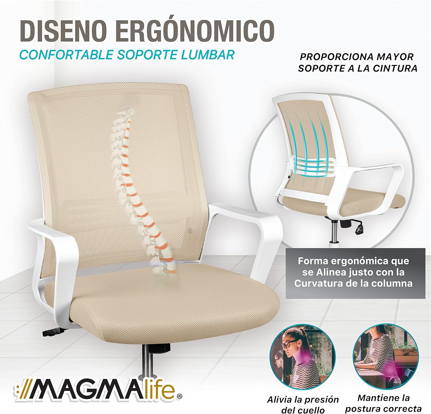 MAGMALIFE Silla Ergonómica de Escritorio con Respaldo de Malla Transpirable, Moderna y Elegante, Silla Giratoria con Soporte Lumbar y Cómodos Descansabrazos (Azul Cerúleo)